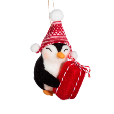 Новогоднее украшение Пингвин с подарком - T7589